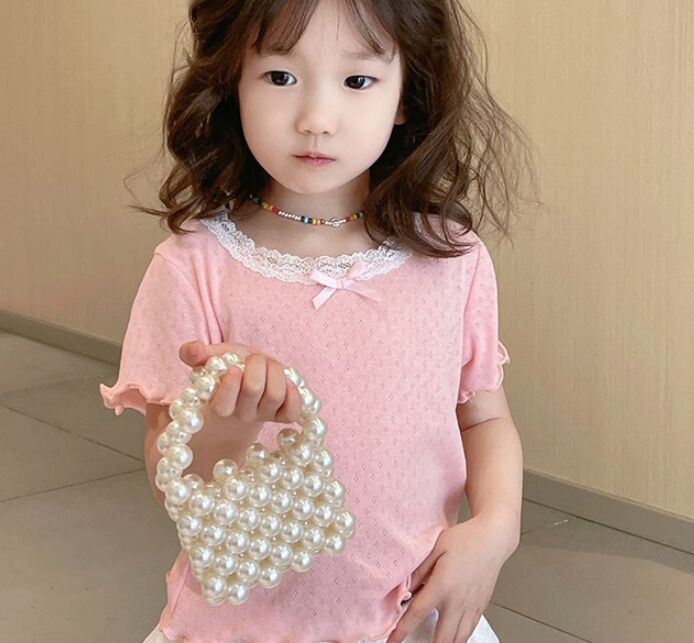 ベビーパールバッグIns韓国のミニハンドバッグソリッドカラー手織りアクリルビーズ子供ハンドバッグ女の子の財布