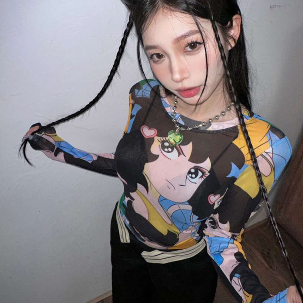 Cyber ​​Y2K Cartoon Anime Printing Tops Długie rękawie haruku odzież Odziera O Neck Sexy Mesh Streetwear Summer vintage T-shirt