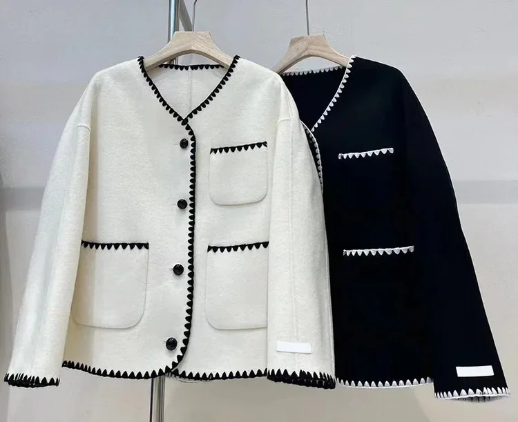 Casaco de lã feminino outono/inverno 2023 em torno do pescoço dupla face lã elegante e casual onda borda feminino pequeno casaco perfumado