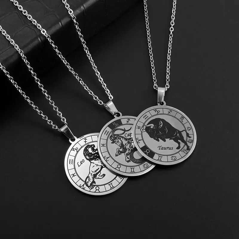 Pendant Necklaces Zodiac Necklace Stainless Steel Silver Color Leo Capricorn Taurus Sagittarius Constellation Necklace Pendant Birthday Gift 240330