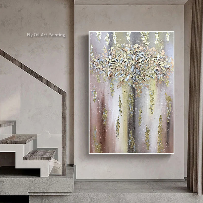 Uitstekende kunstwerken Handgeschilderde gouden folie Acrylolie Painting op canvas Mooi goud en grijs schilderij voor muur woonkamer slaapkamer decor