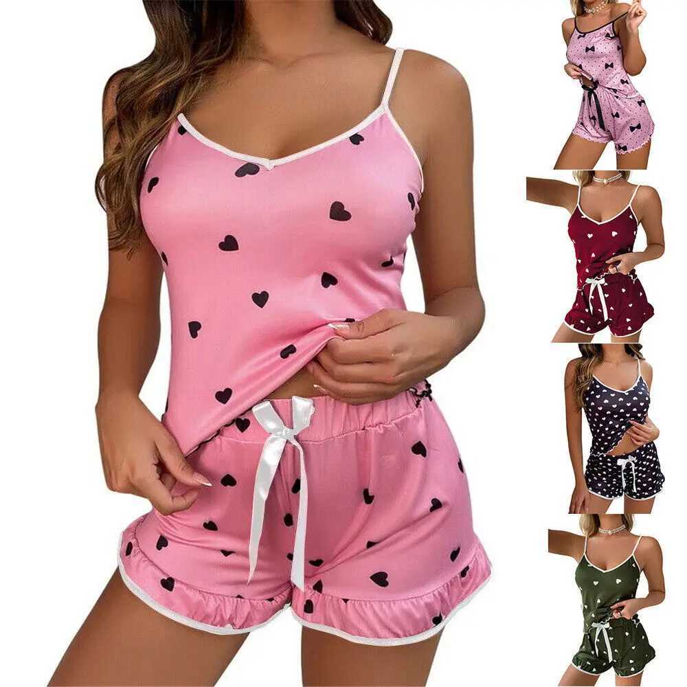 Pyjamas sexy femmes glace soie été fronde maison tissu costume mignon imprimé pyjama vêtements de nuit sous-vêtements sexy dentelle cami gilet shorts lingerie pyjamas ensembles 240330