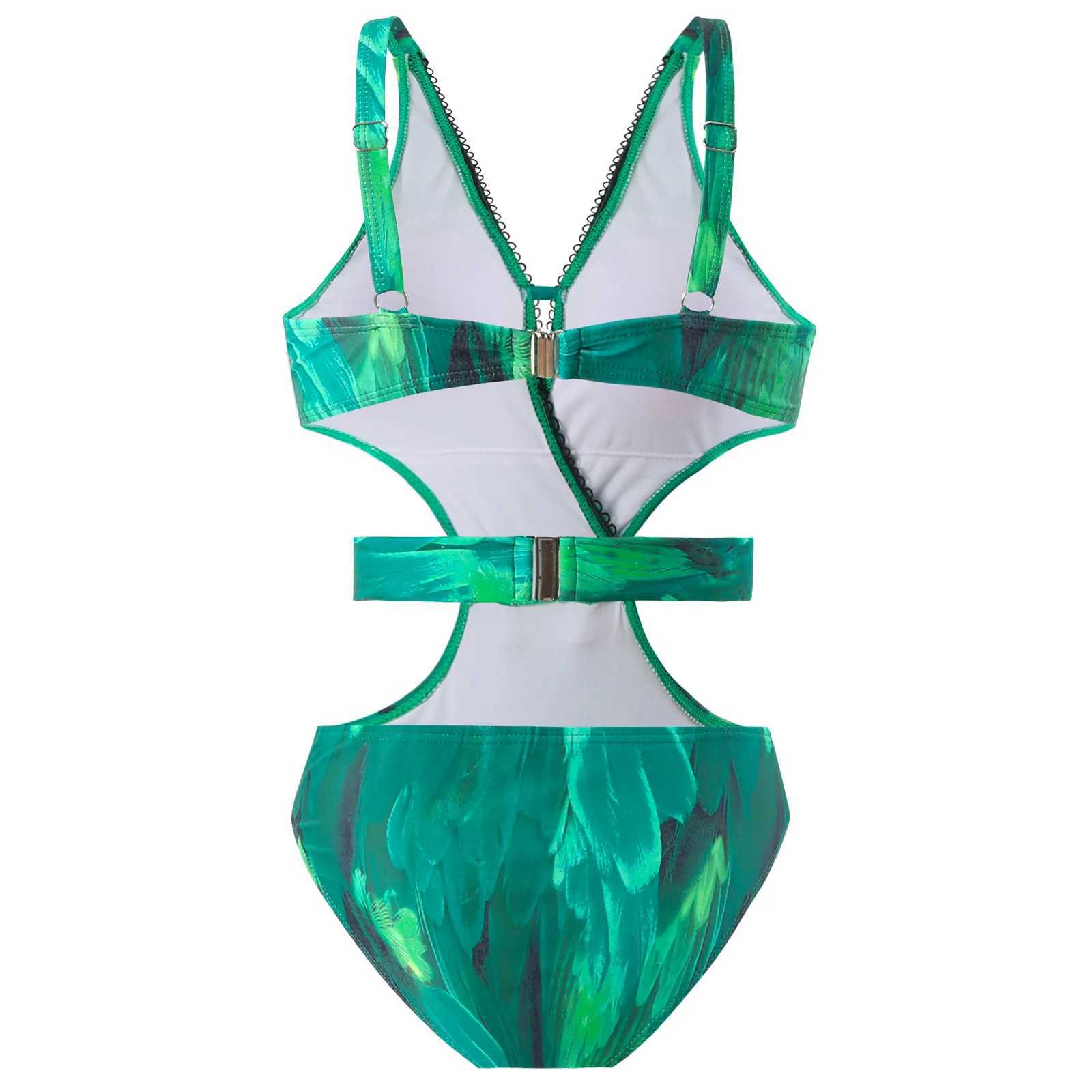 Women's Swimwear 2024 new V-neck beach suit+Bohemian womens cut tight fitting suit feather printed swimsuit and tight fitting suit with belt J240330