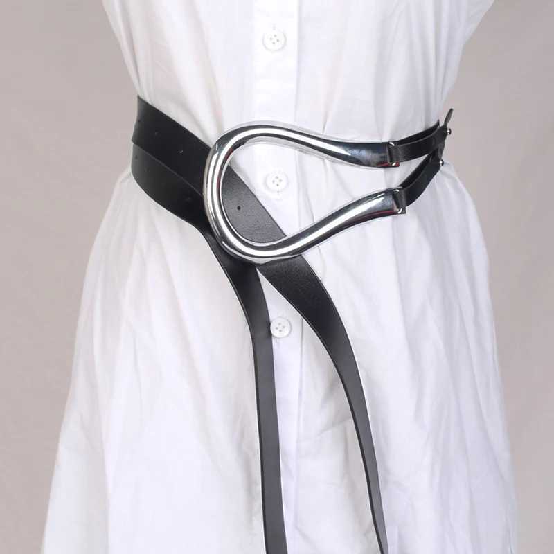 Ремни Новейшая мода, мягкий искусственный ремень, персонализированная большая пряжка из сплава, тонкий двухслойный ремень, рубашка с галстуком и длинным ремнем Q240401