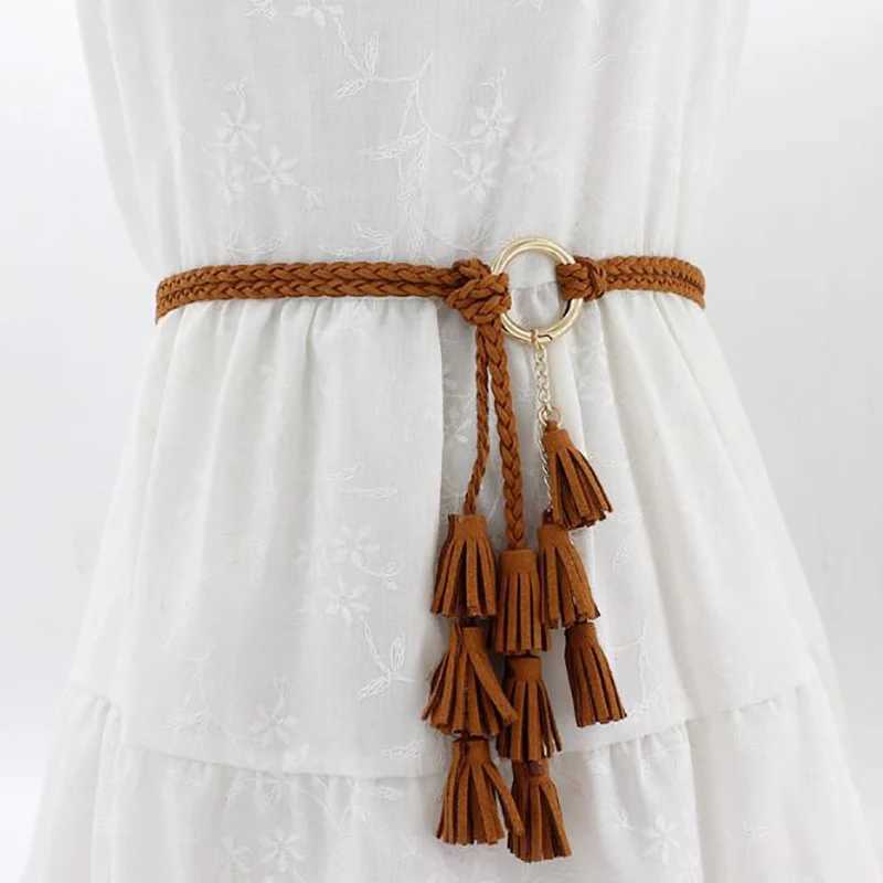Belts Fashionable womens solid color woven tassel belt 2022 new Bohemian girl thin waist rope knitted belt dress belt accessories Q240401