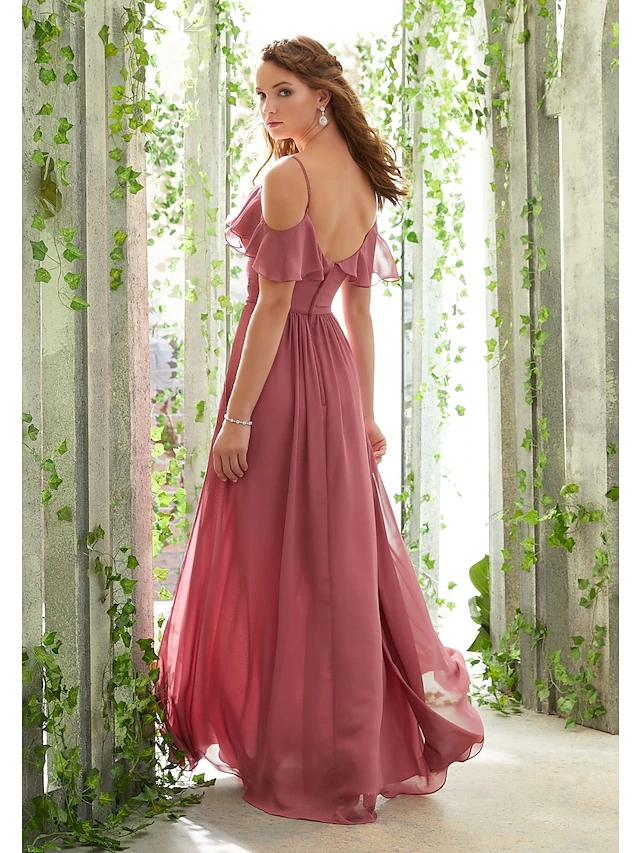 Schöne Rüschen Spaghettiträger Lange Brautjungfernkleider A-Linie Chiffon Bodenlange formelle Partykleider Sexy rückenfreies Frauen-Hochzeitsgast-Abschlussballkleid CL3438