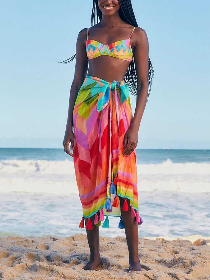 Kadın Mayo Şık Gökkuşağı Renk Plajı Kilit Bikini Edge Set Mayo Boncuklu Mayo Monokini Seksi 2023 Lüks J240330