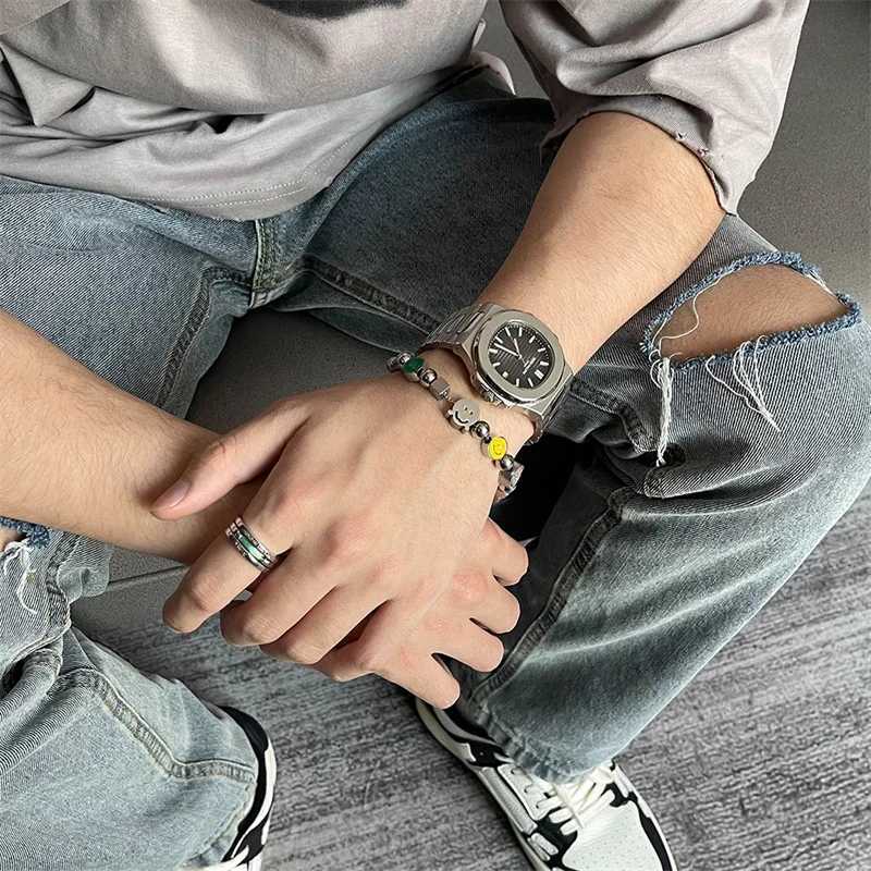 Chain Ins Hip-Hop Trendy Brand Niche Design 666 Lightning Face Patchwork Armband Titanium Steel Par Fashion Charm Jewelry Q240401