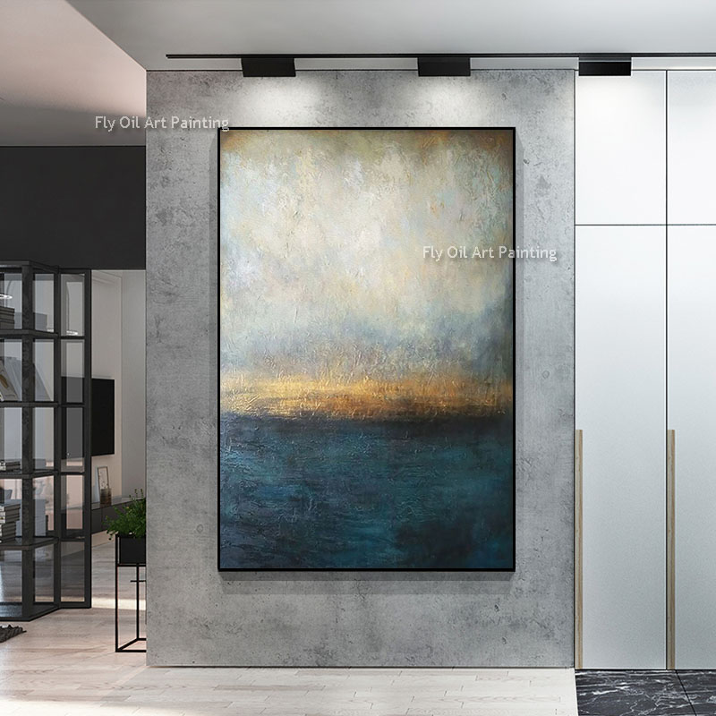 Large Blue Golden Oil Painting On Canvas Ocean Canvas Painting Sunset Painting Hand Painted Landscape Wall Art Blue Abstract Painting For Bedroom Decor