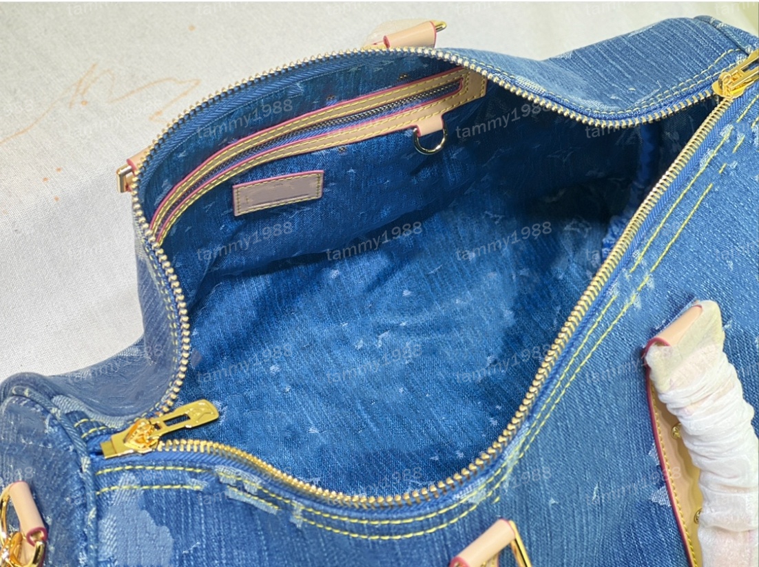 Jeansblaue Seesäcke, klassisch, 45 cm, Segeltuch, Reisegepäck, echtes Leder, hochwertige Tragetaschen, Umhängetaschen, Herren- und Damenhandtaschen, 10A-Seesäcke M24315