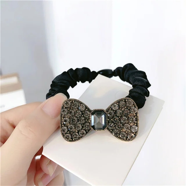 Fashion Bow Knot Crystal Hair Ties Solid Color High Elastic Scrunchies Women Ponytail Holder Girl High Quality Rubber Band