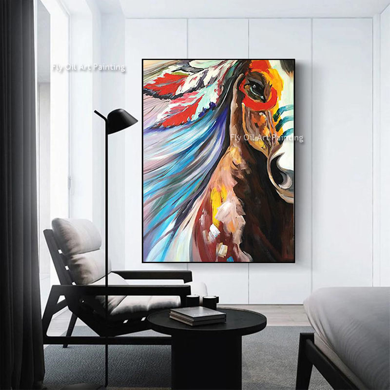 Pintura a óleo de cavalo pintada à mão, sem moldura, arte em tela, pintura colorida de cavalo, arte de parede de animal para decoração de quarto como melhor presente