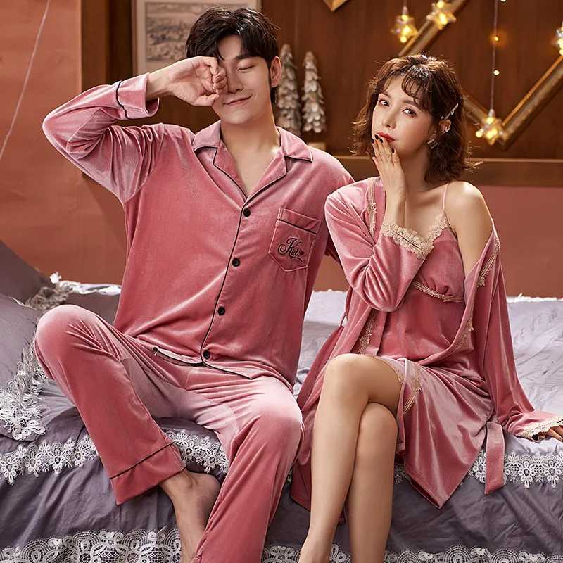 Sexy Pyjama Herfst Winter Fluwelen Paar Liefhebbers Pyjama Vrouwen Velours Gewaad Sets Sexy Nachtkleding Nachtkleding Mannen Pyjama Met Lange Mouwen 240330