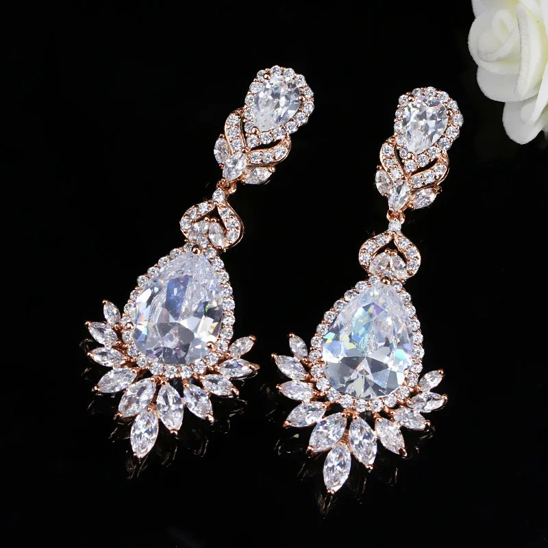 Beaqueen AAA Big Cubic Zirconia Water Drop Bridal Wedding Earrings Rose Gold Color Long Dingling Ear Jewelry for Women E147 240401