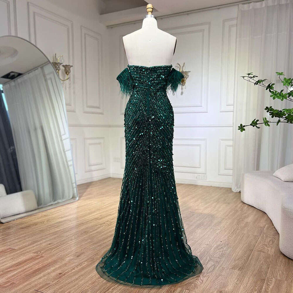 Mermaid High Green Split Spaghetti Strap Evening Dresses Feather Beaded Gowns for Women Party BLA Serene Hill