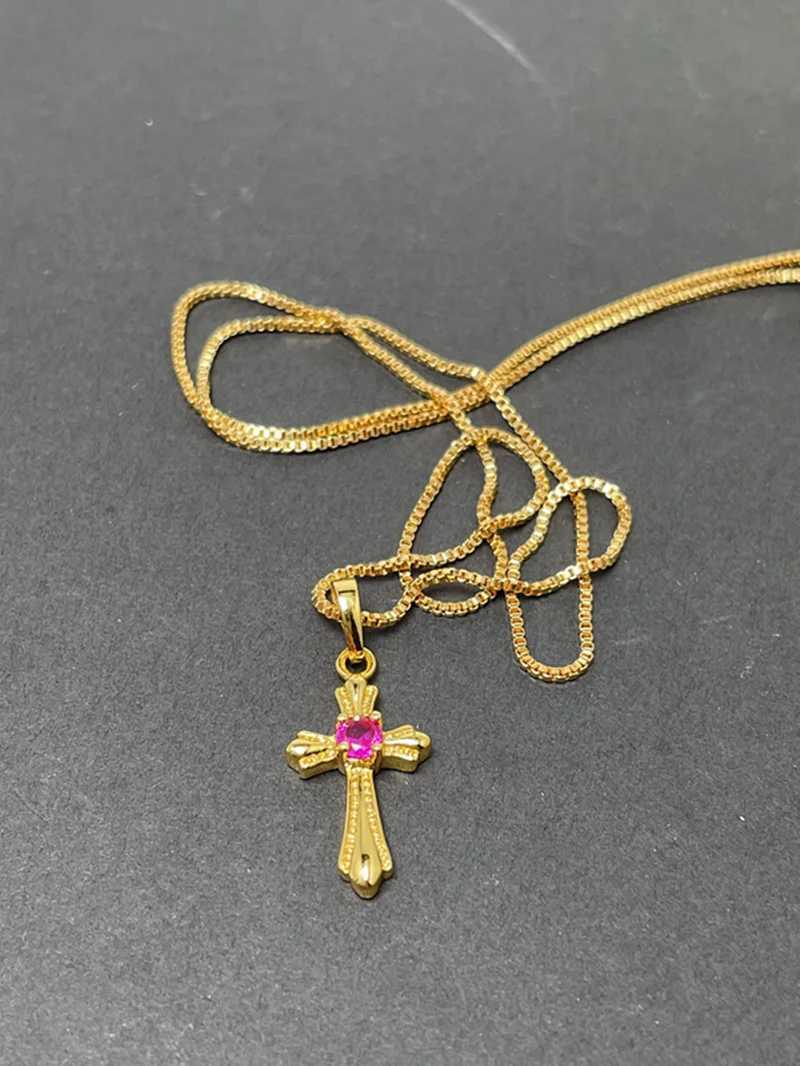 Pendanthalsband Korea Gold 24K Necklace Gold Plating Cross Necklace For Girls Jewelry Present Religion 240330