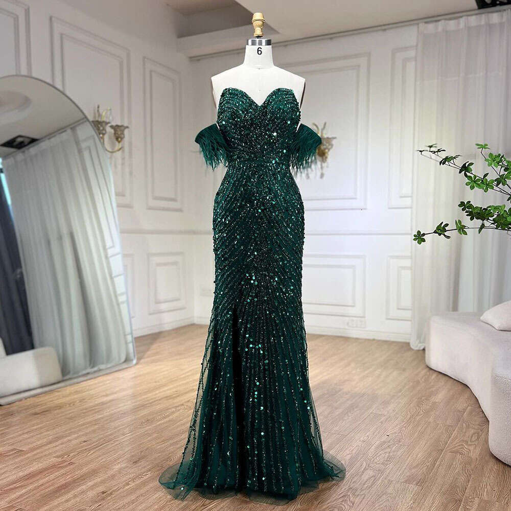 Mermaid High Green Split Spaghetti Strap Evening Dresses Feather Beaded Gowns for Women Party BLA Serene Hill