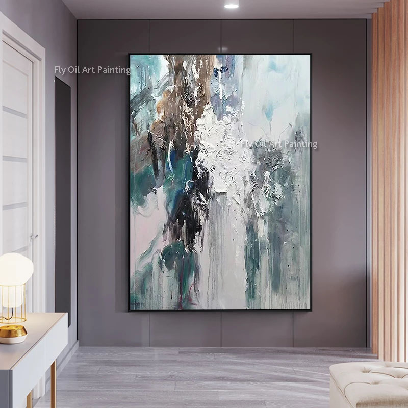 Minimalistisch abstract dikke olieverfschilderij landschap canvas kunst hand geschilderde kustkunst minimalistische borstelstreken kunst blauw witte moderne muur livig kamer slaapkamer decor