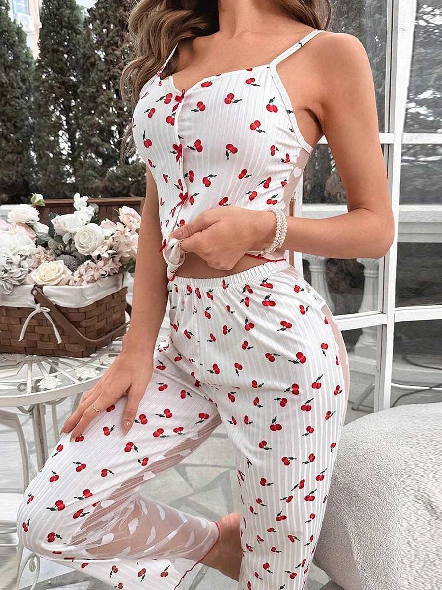 Сексуальные женские пижамы Y2k, пижамный комплект из 2 предметов с принтом, сексуальная прозрачная сетка в стиле пэчворк, укороченный топ и брюки с высокой талией, одежда для отдыха 240330