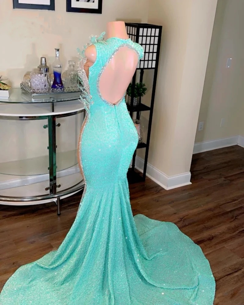 Sexy Mint Green Prom Dresses For Black Girls Sequin Backless Mermaid Party Gowns Sheer Neck Evening Dress Vestidos De Gala 2024