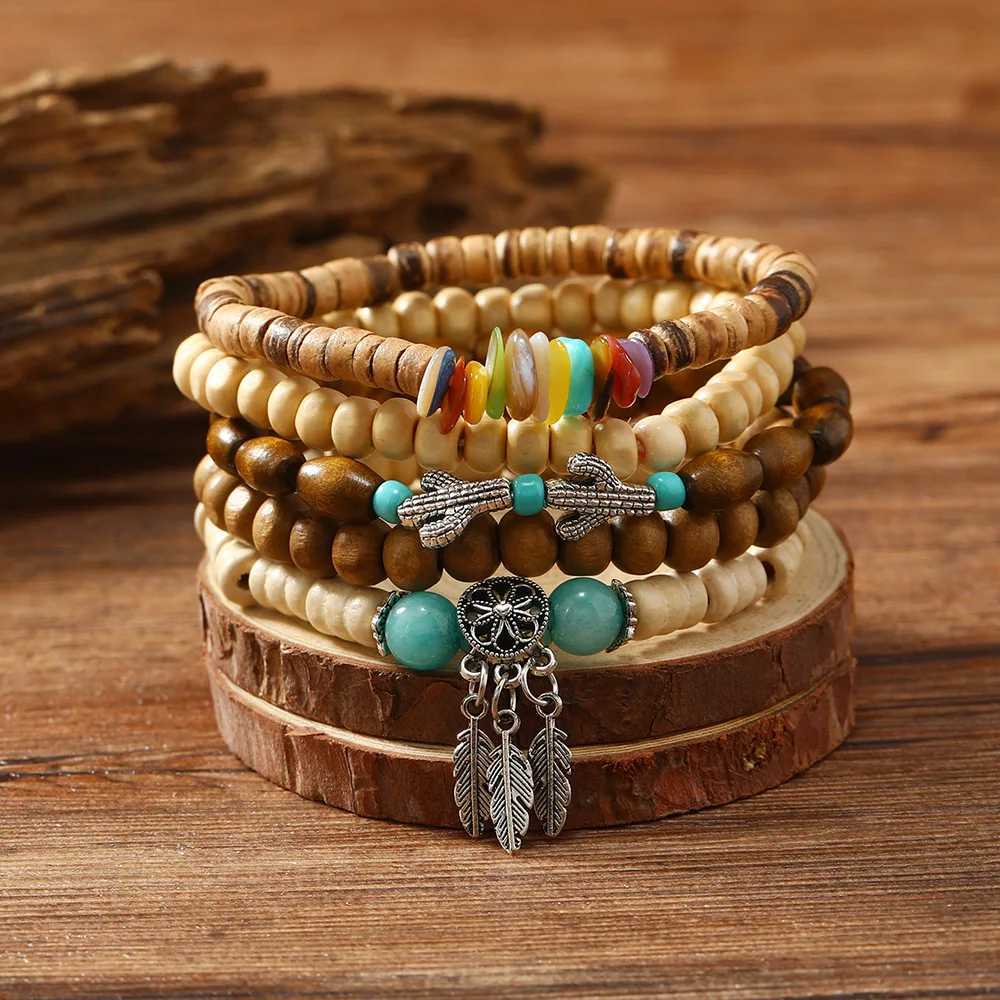 Chain New Vintage Mens Bracelet Colorful Shell Cactus Beaded Bracelet Multi piece Set of Wood Beads Bohemian Style Mens Bracelet Q240401