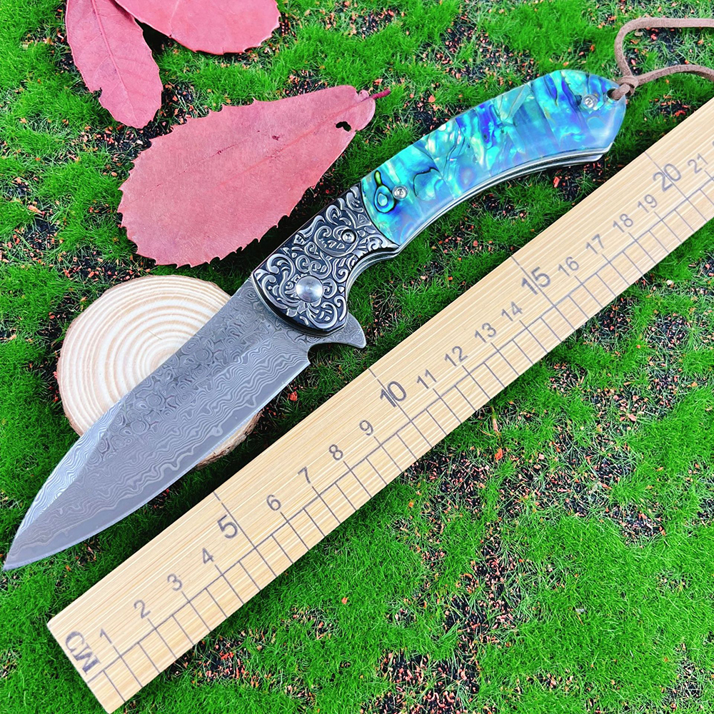 New A6706 High Quality Flipper Folding Knife Damascus Steel Blade Abalone Shell Handle Ball Bearing Outdoor Camping Hiking EDC Folder Knives