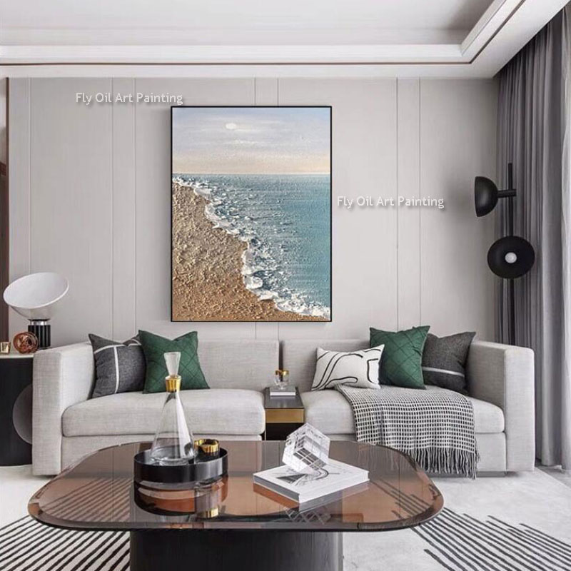 Pintura a óleo de lona do mar Grande texturizada Wall Art Wave Painting sem moldura a mão pintada azul céu praia arte abstrato scape marinho para decoração da sala de estar