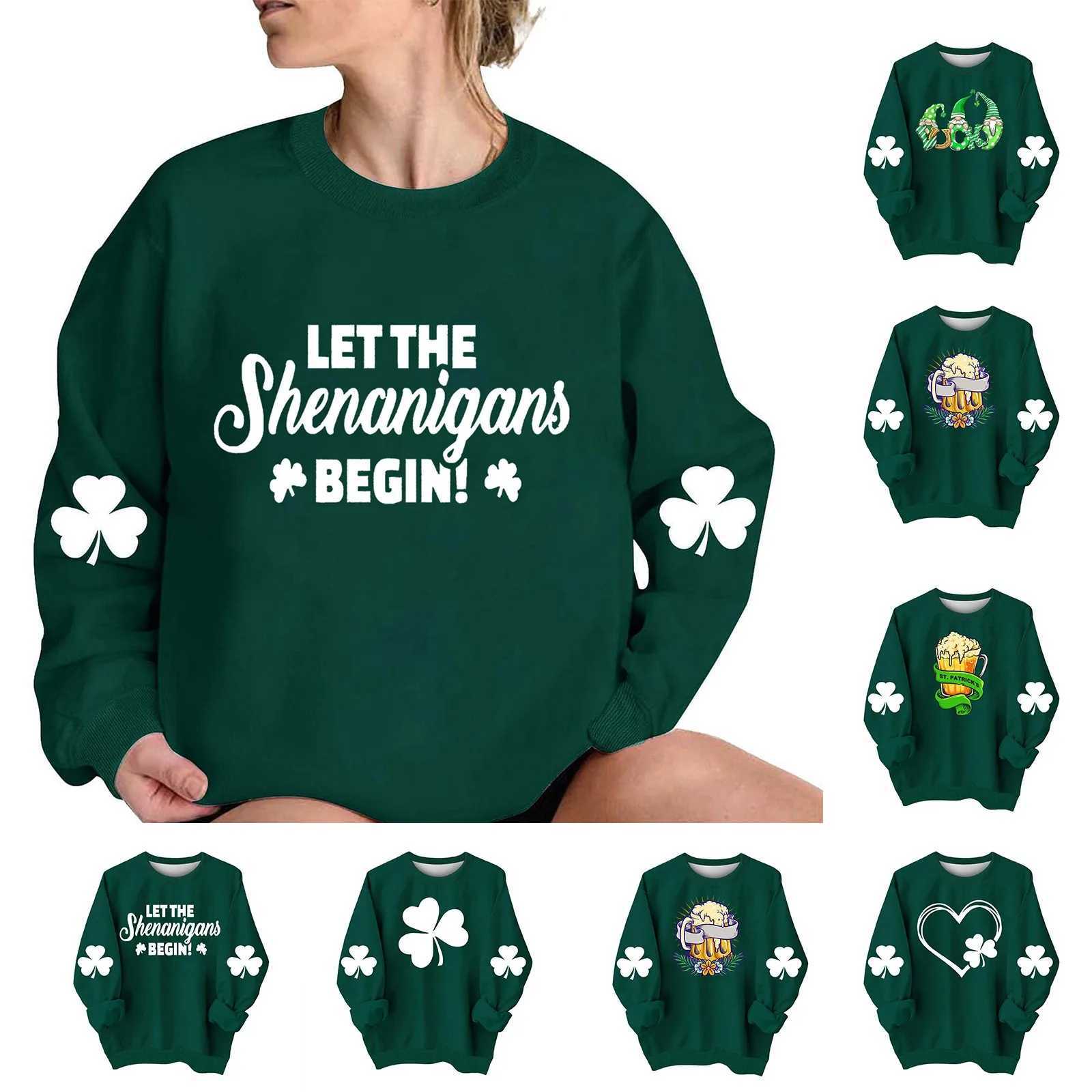 Damen Hoodies Sweatshirts Damen Sweatshirt Happy St. Patricks Day Langarm Irland O-Ausschnitt Pullover Top Bluse Festival Clovers Shamrock Print Pullover 240401