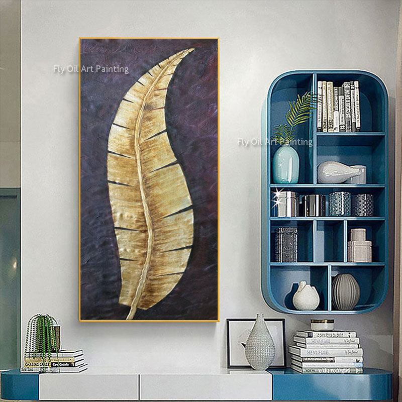 Big Golden Leaves Oil Painting Abstract Canvas Art Mural Living Room Bedroom Home Decor 100% Hand Painted Modern Wall Art