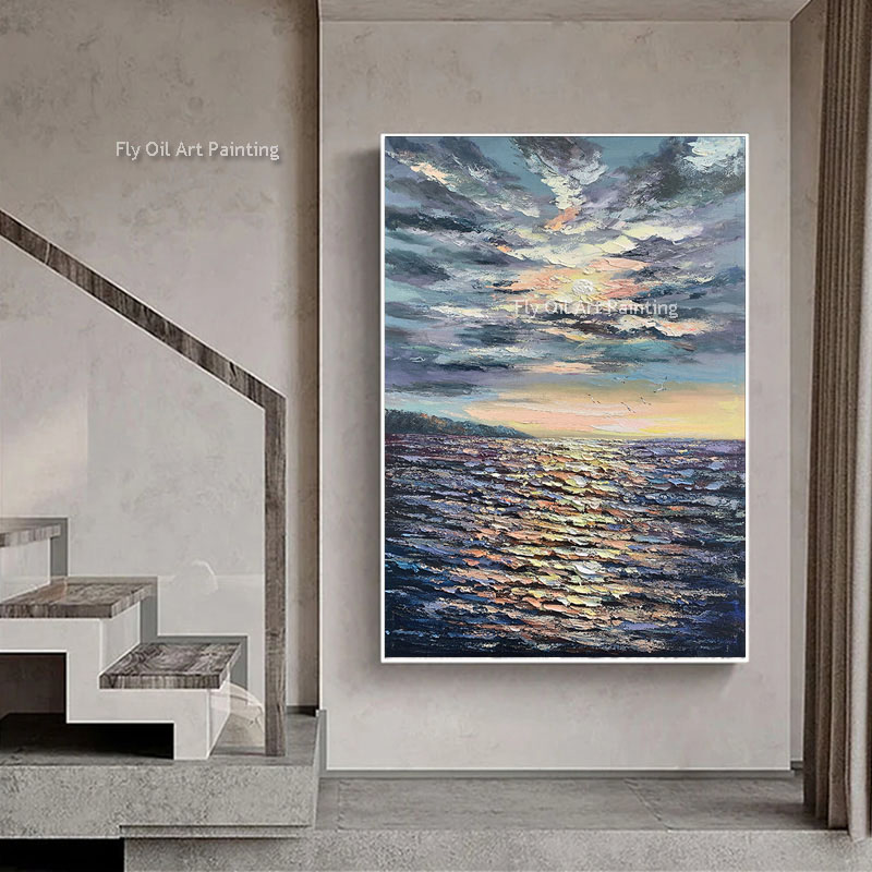 Sunset Sea Ripples Canvas Art Frameless Hand Painted Hand Painted Abstract Oil Painting Art Wall Decor Textured Artwork Extra Large Mural For Living Room Bedroom