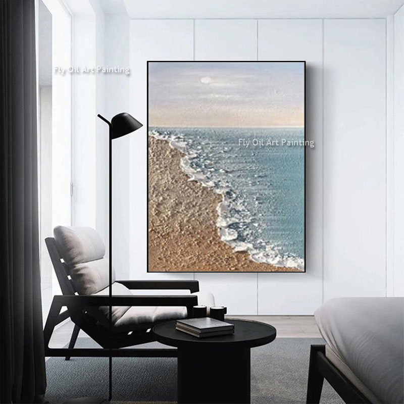 Dipinto ad olio di tela marina di grandi dimensioni con onda da parete costiera di pittura invametta a mano dipinta a mano blu spiaggia arte astratta astratta arredamento soggiorno