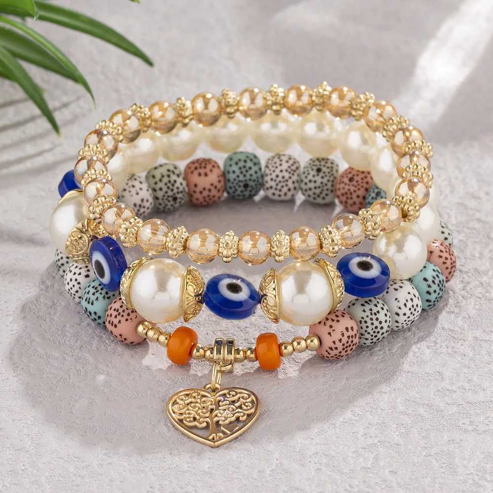 Kette Baum des Lebens Herz Charm Armband Set für Frauen Bohemian Evil Eye Stein Perlenkette Armband für Frauen Bohemian Schmuck 3 Stück Q240401