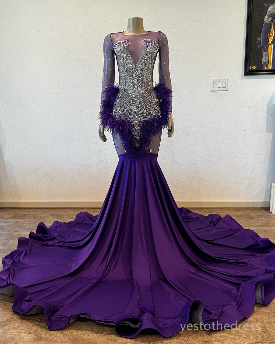 2024 Purple Prom Dresses For Special Occasions Evening Dresses Elegant Illusion Long Sleeves Rhinestones Decorated Feathered Birthday Party Dress Vestido AM600