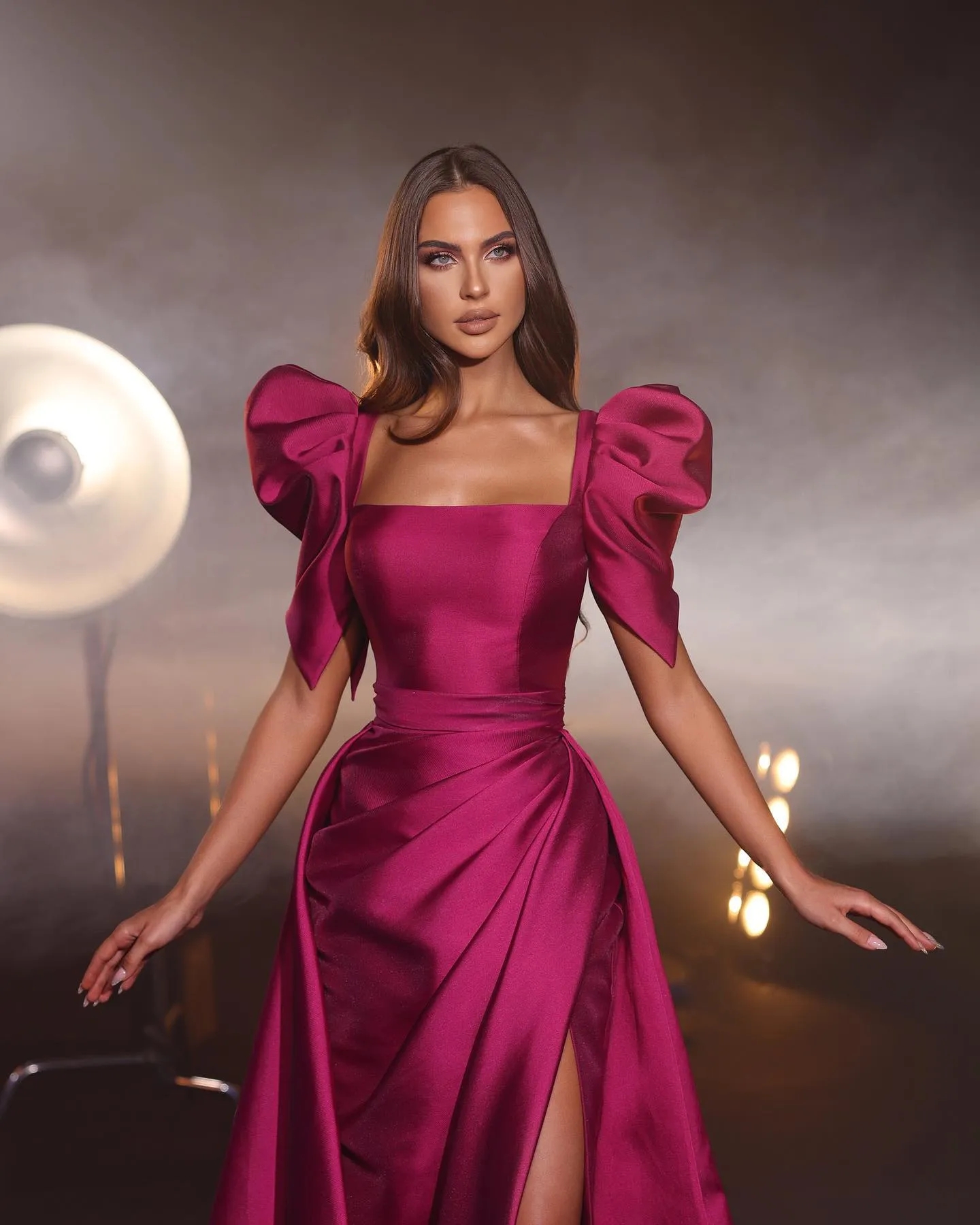 Vestidos de noche de color rosa rosado, vestido de fiesta dividido con cuello cuadrado, vestido de fiesta largo formal con pliegues, vestido de alfombra roja para ocasiones especiales