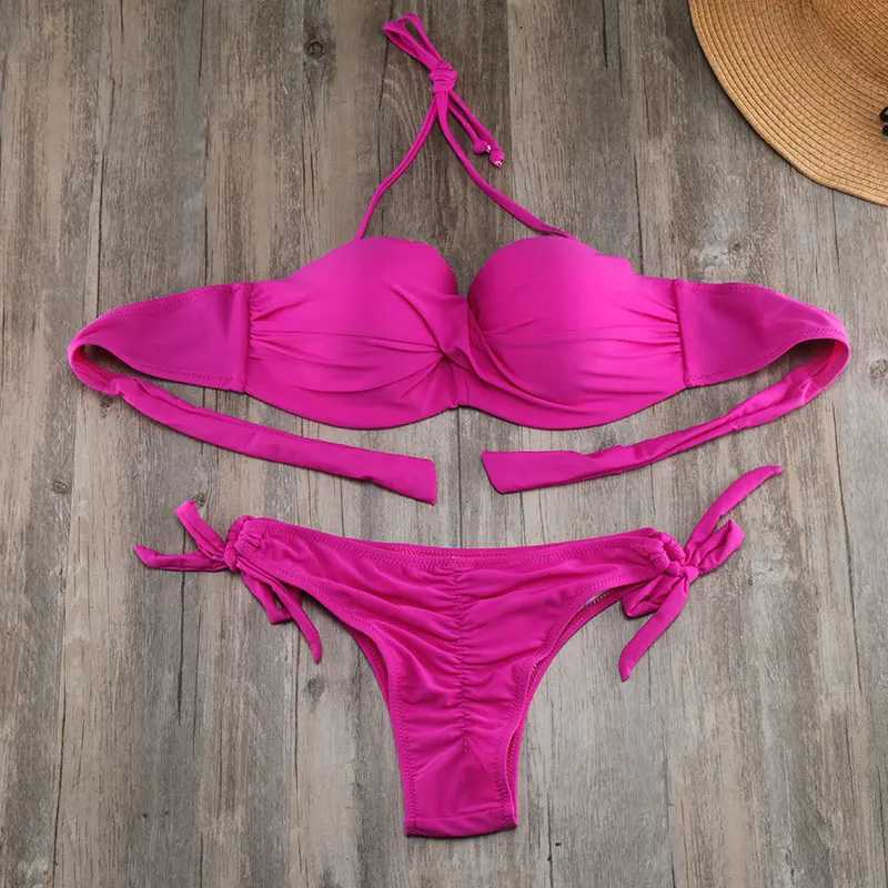 Kobiety bikini bikini solidny pasek na ramię bikini zestaw biały push up Bikini Swimsuit Bandeau Brazilian Swimsuit Set Maillot de Bain J240330