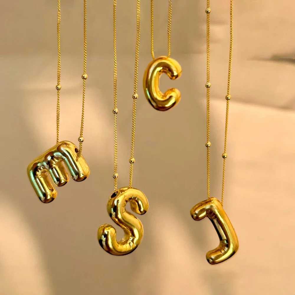 Pendant Necklaces Vintage Stainless Steel Balloon Bubble Chunky Letter Necklace for Women 18K Gold Plated Initial Necklaces Collar Jewelry Gift 240330