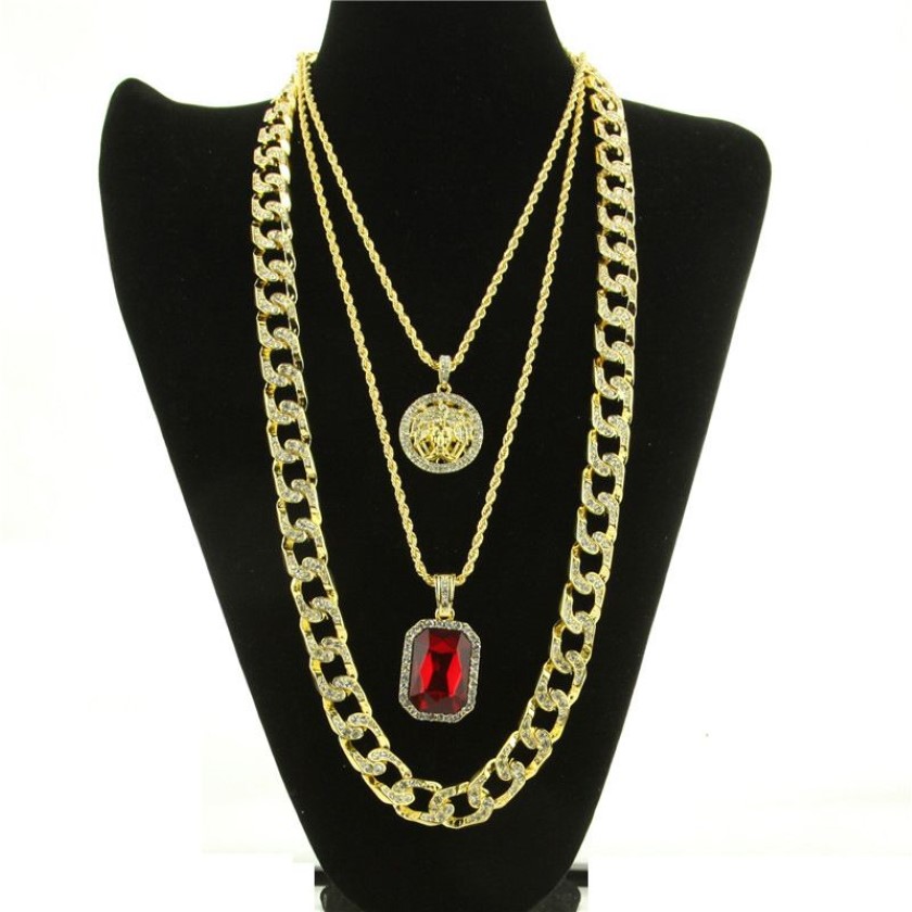 Modna Hop Naszyjnik Nowy Ruby Ruby wisiork Naszyjnik Zestaw Mody Cuban Link Cain Jewelry Set2524