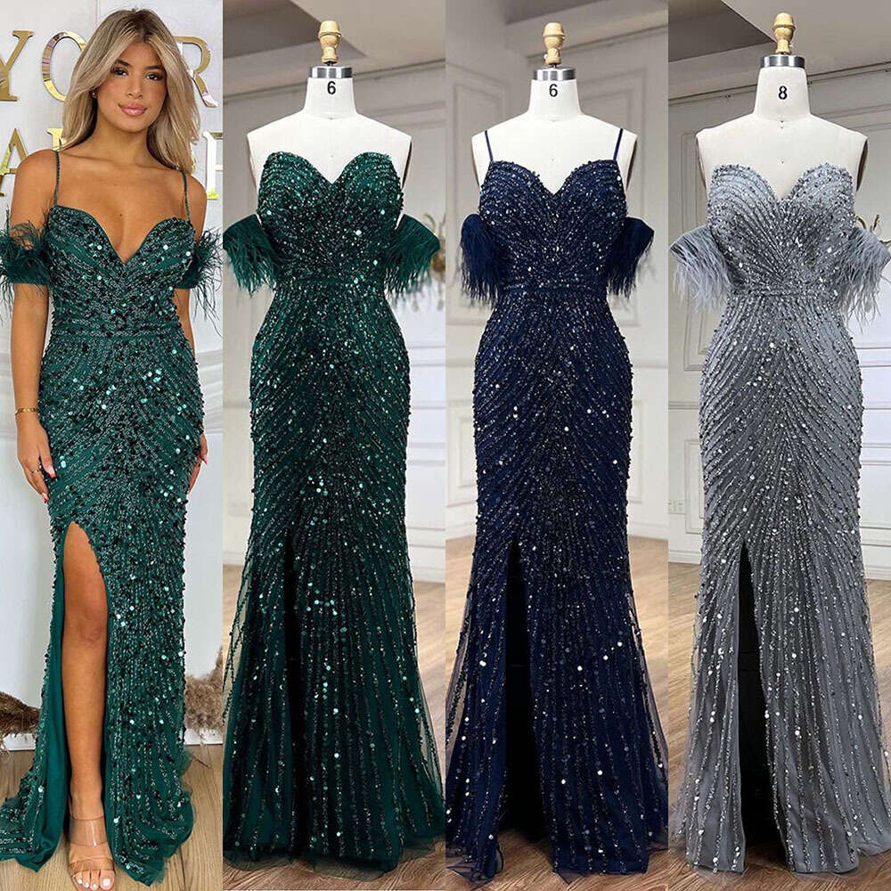 Mermaid High Green Split Spaghetti Strap Evening Dresses Feather Beaded Gowns for Women Party BLA Serene Hill