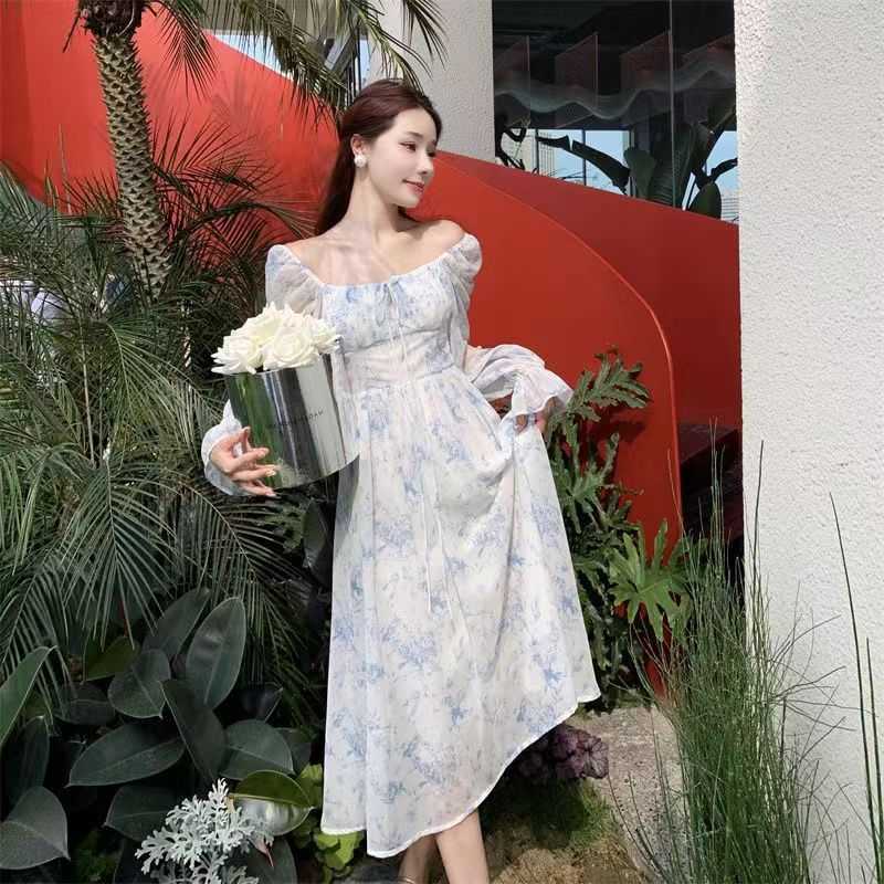 Французское цветочное платье для женщин весной и летом 2024 года Новое высококачественное элегантное с талией с закрепленным нежным стилем.Фея юбка средней длины