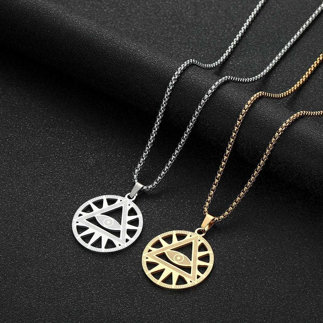 Pendant Necklaces CHENGXUN All-Seeing-Eye of Providence Illuminati Pyramid Charm Necklace Round Pendant for Men Women Stainless Steel Jewelry New 240401