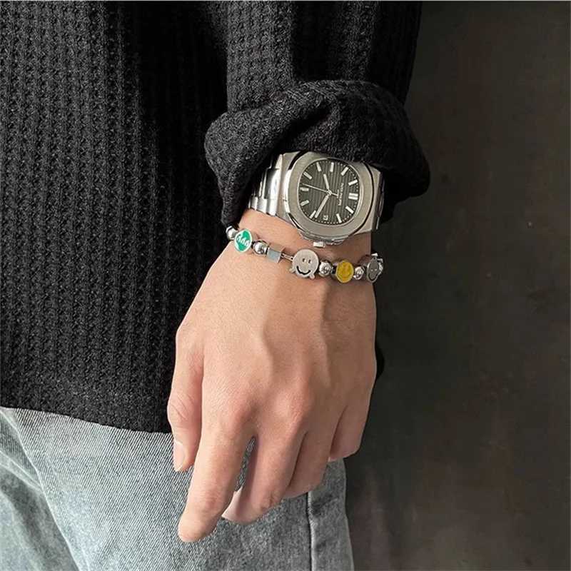 Chain Ins Hip-Hop Trendy Brand Niche Design 666 Lightning Face Patchwork Armband Titanium Steel Par Fashion Charm Jewelry Q240401