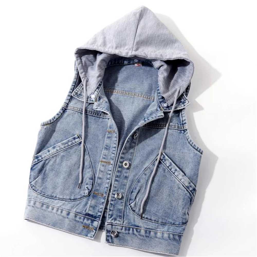 Kvinnors hoodies tröjor heta försäljning korta denim hoodies kvinnor avtagbar huva kappa vårsidor fickor ärmlösa jeans jackor kvinnliga toppar tröjor faller 240401