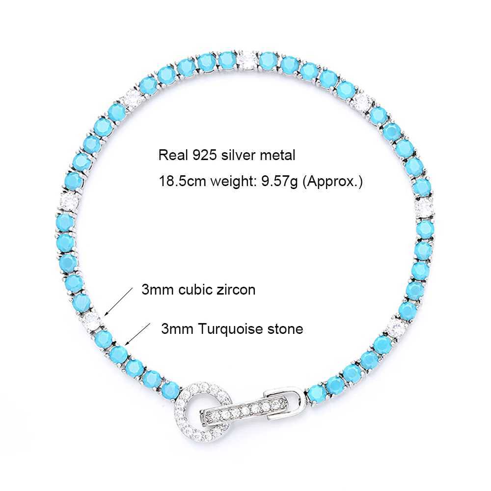 Bracelet de tennis en argent sterling, chaîne 16-19cm, pavé de 3mm turquoise mélangé avec du zircon blanc, bijoux authentiques 925 Q240401