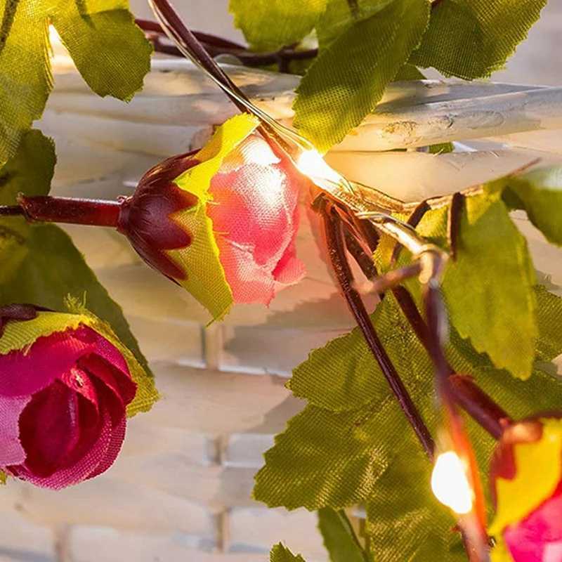 LED Strings New 2.2M 25LED Artificial Flower Vine Copper Wire String Lights Silk Leaf Garland Fairy Light For Home Wedding Birthday YQ240401