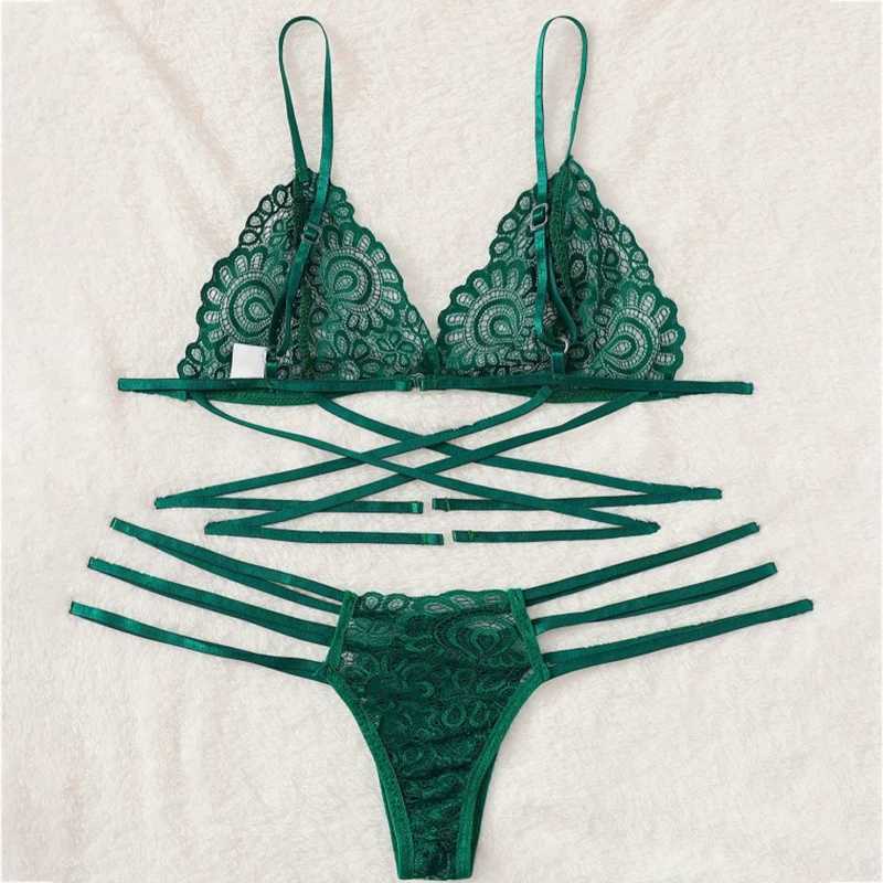 JKKO Sexy Pyjamas Sexy Lingerie Bra Set Women Green Sexy Lace Sling Bra Thong Set Bandage Underwear Sleepwear Lingerie Sets Lenceria 2404101