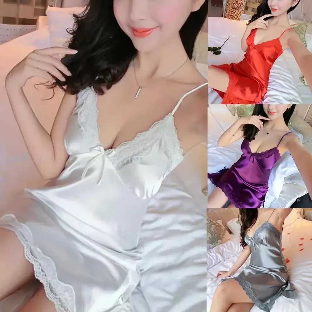 597J seksowne piżamę seksowne kobiety solidne kolory głębokie w koronkowym wykończeniu jedwabna sukienka szlafrok
