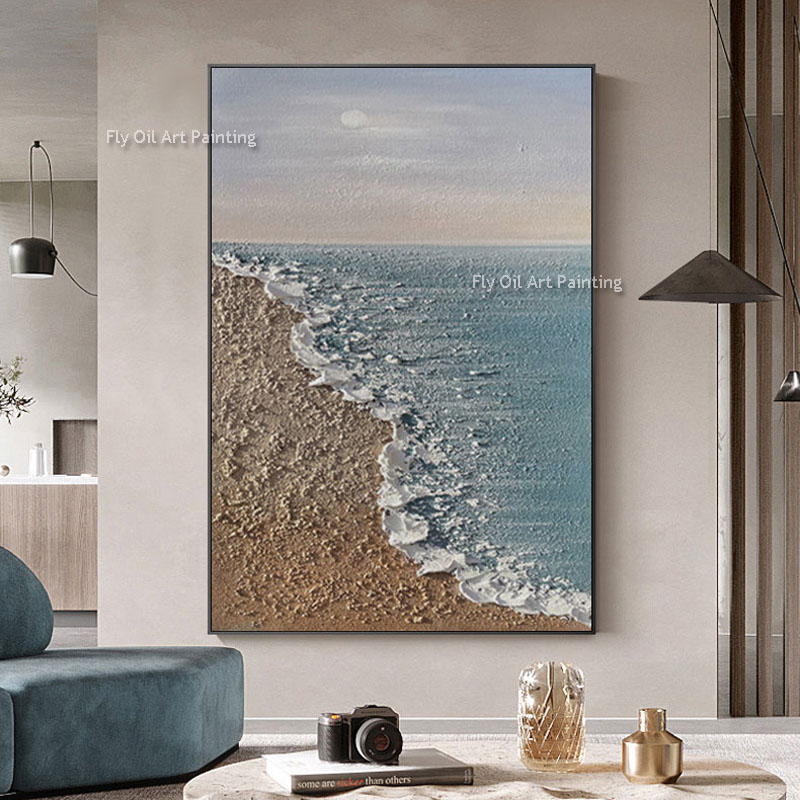 Pintura a óleo de lona do mar Grande texturizada Wall Art Wave Painting sem moldura a mão pintada azul céu praia arte abstrato scape marinho para decoração da sala de estar