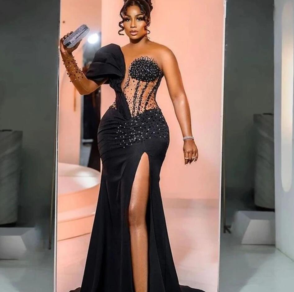 2024 Africa Black Mermaid Evening Dresses with Detachable Train Sheer Crew Neck Long Sleeve Side Split Beads Formal Party Occasion Dress 0401