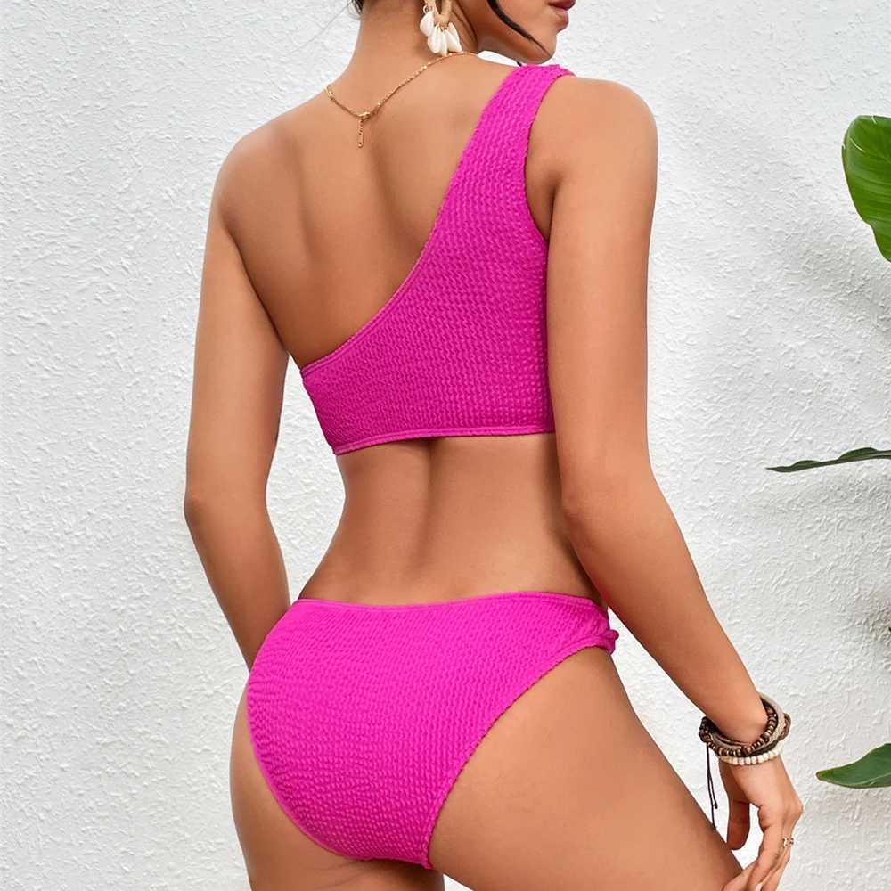 Women's Swimwear Single Shoulder Bikini Set 2024 Womens Swimwear Solid Swimwear Womens Swimwear Summer Beach Suit J240330