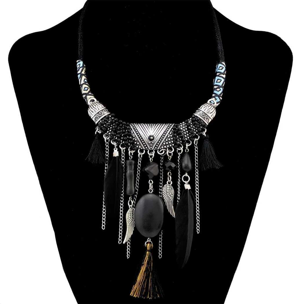 Colliers pendentifs Bohême plume longs glands colliers en cuir ethnique noir marron strass élégant femmes bijoux pendentif collier en gros 240401